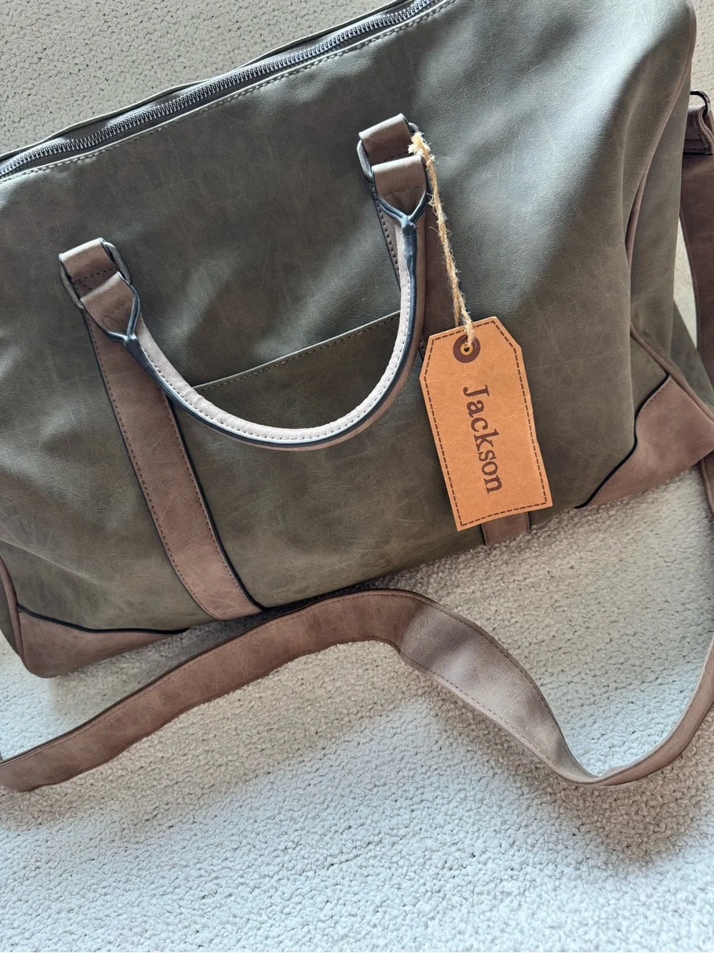 JACKSON Olive Canvas Duffel with Brown Leather Trim
